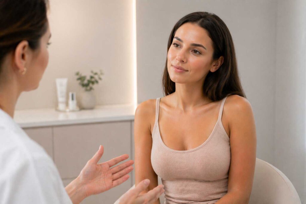 Žena konzultuje estetické ošetření s odbornicí v ordinaci.