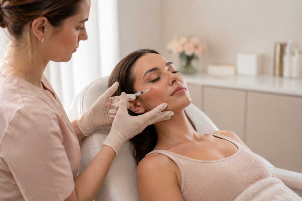 plikace injekčního estetického ošetření do tváře klientky.