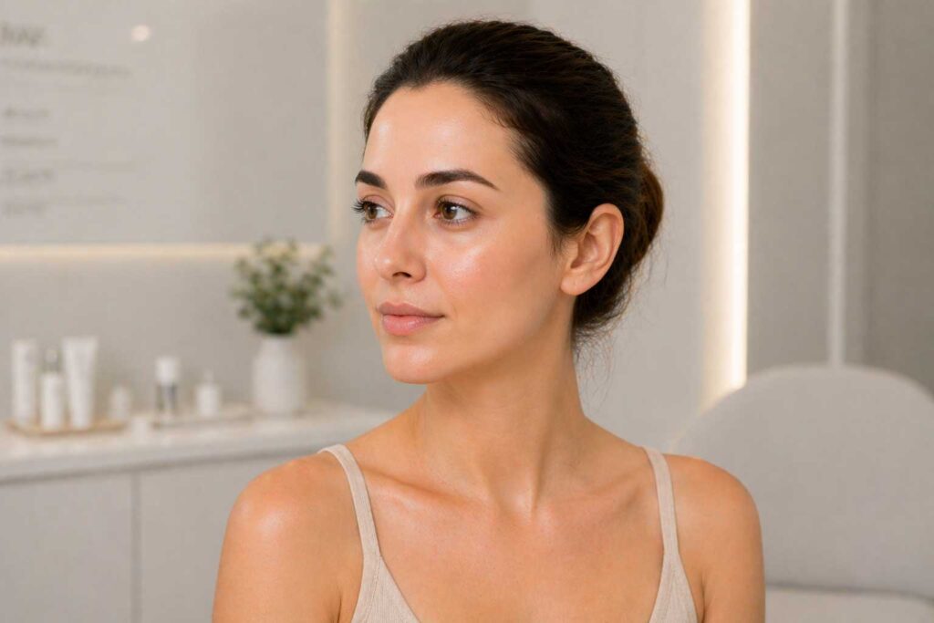 Portrét ženy s upravenou pletí po estetickém zákroku